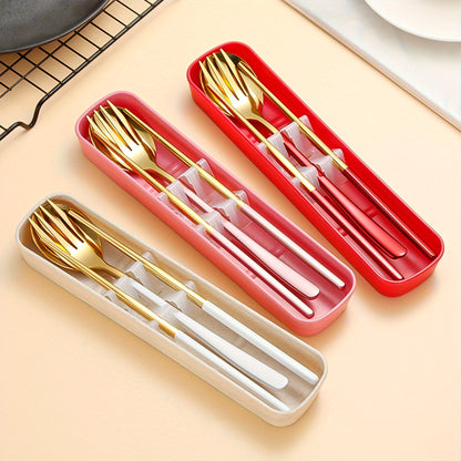 Set of 4 stainless steel portable cutlery with reusable box, including fork, spoon, and chopsticks. Perfect for steak, outdoor gatherings, camping, and as a Chinese-style gift set.