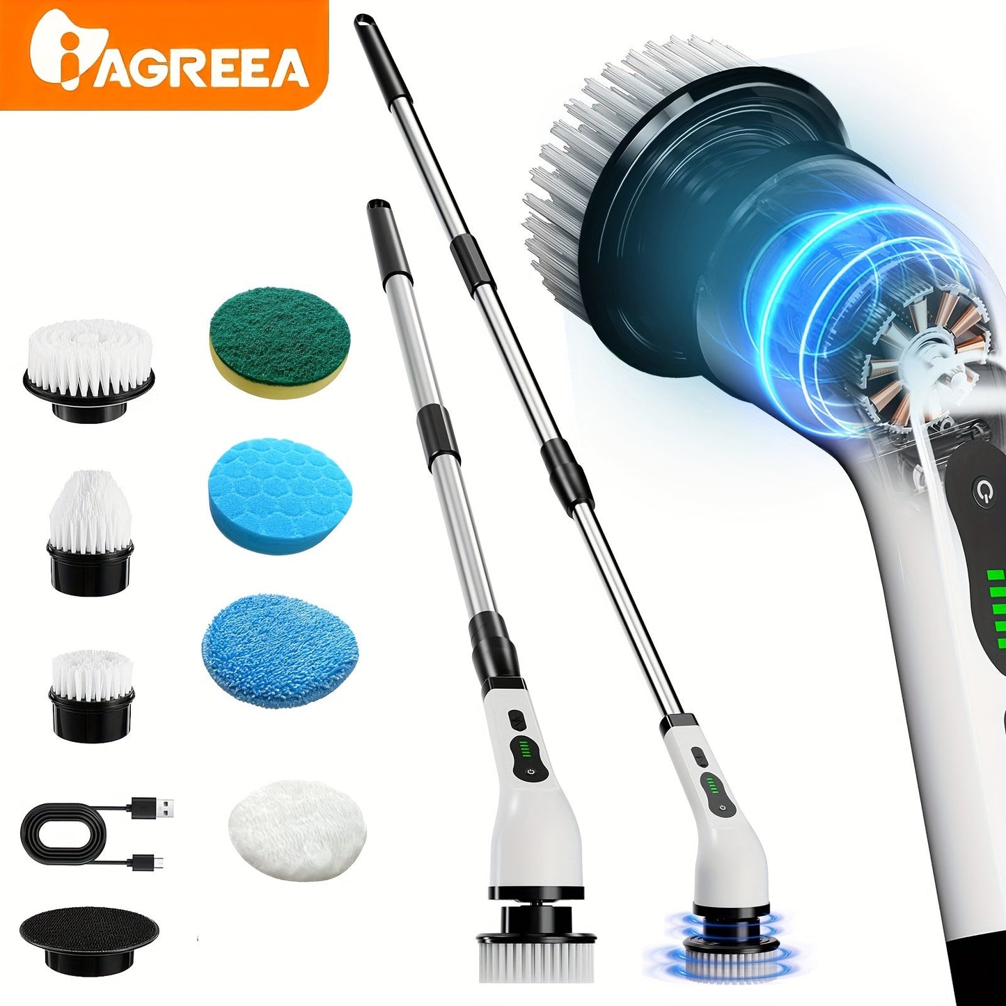 Introducing the Electric Cleaning Brush Set - a versatile rotary floor scrubber that is cordless and wireless. This set includes 1 electric scrubber with 7 replaceable brush heads, an adjustable extension handle, and USB-C charging cable. Perfect for