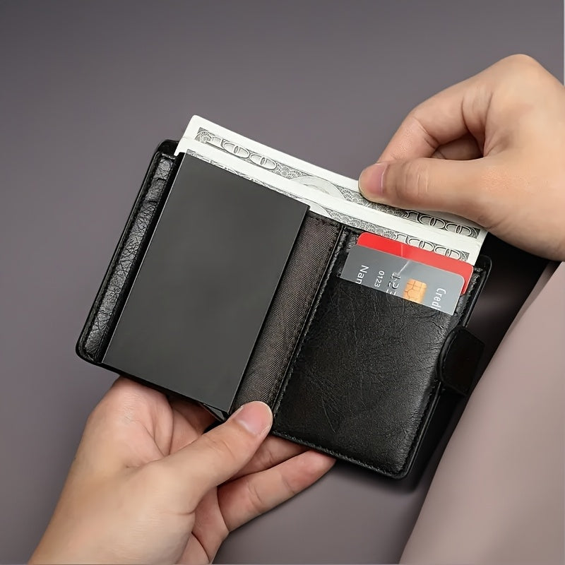 CARRKEN Men's Compact Wallet: Stylish faux leather bifold with automatic pop-up credit card holder, holds 9-10 cards, ideal gift for men.