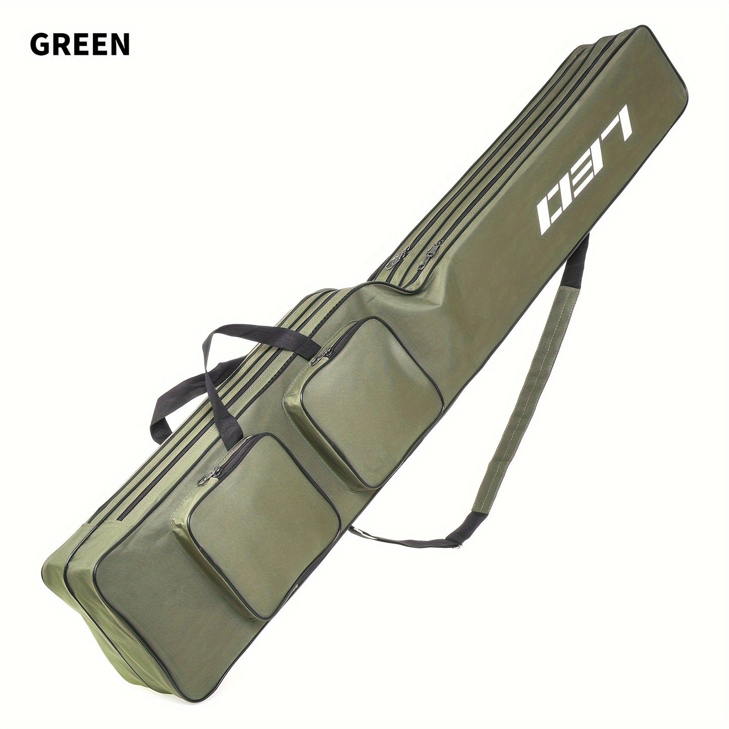 130cm/4.27ft Portable fishing rod and reel organizer. Two-layer durable Oxford storage bag for travel fishing gear.