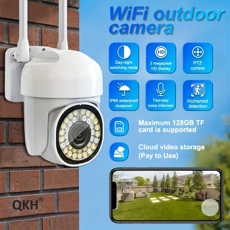 High Definition 2MP Outdoor Camera with Waterproof Housing, Ideal for Indoor and Outdoor Security Applications. This Wireless WIFI Camera features PTZ capabilities and Smart Surveillance functions for automatic tracking. Enjoy Alarm Color Night Vision