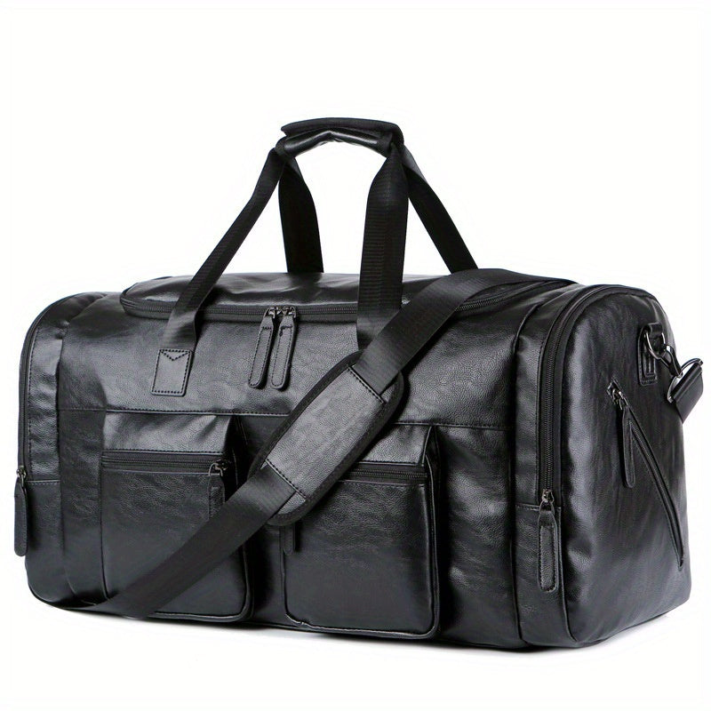 Large men's duffel bag with adjustable strap and multiple compartments, perfect for casual carry-on travel and weekend outings.