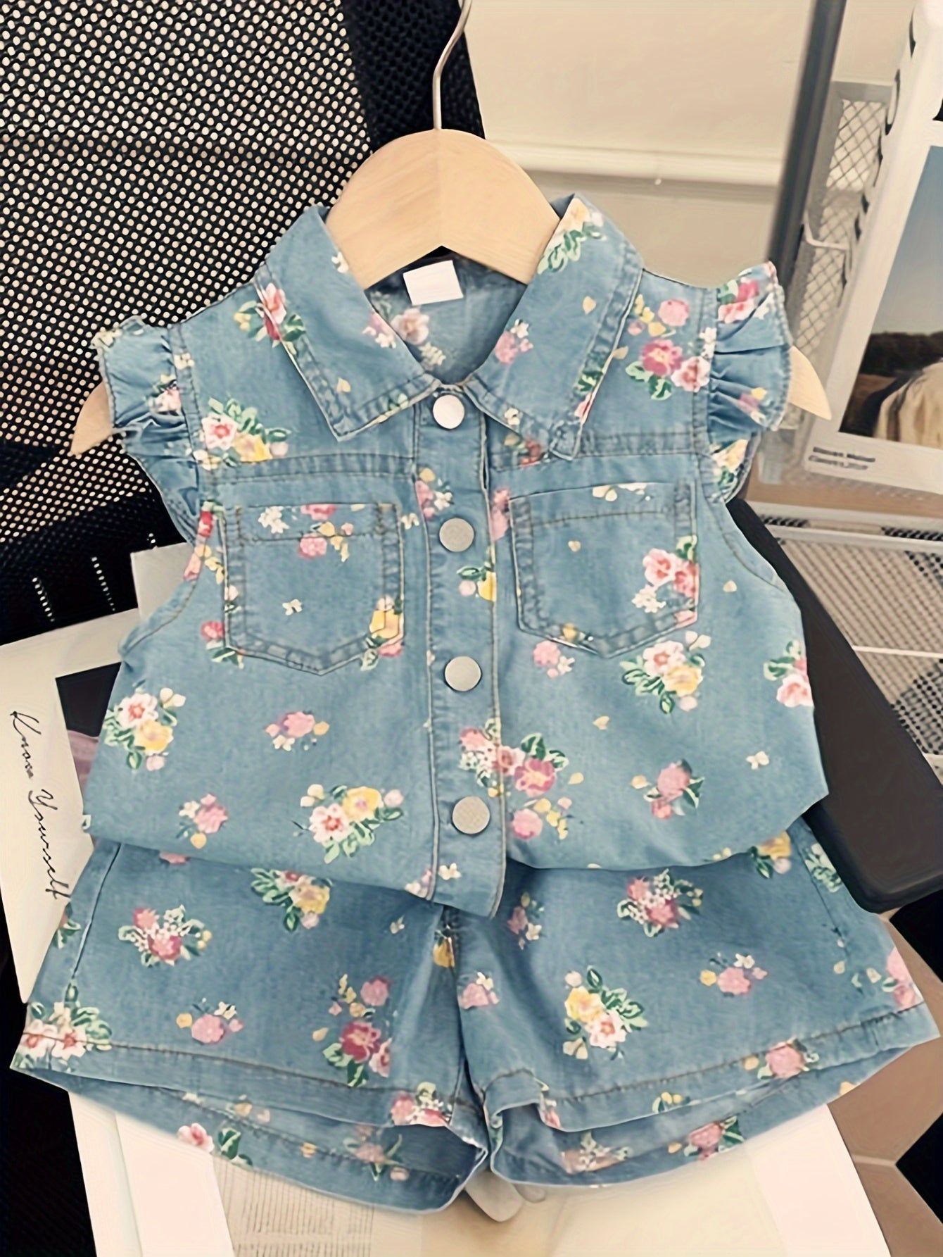 Kids denim floral print outfit set with short sleeve top and matching shorts for toddlers and children 3-8 years. Made of 100% polyester woven fabric, non-stretch. Suitable for summer daily