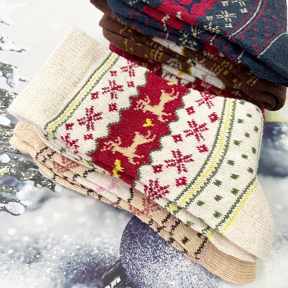 Women's Festive Christmas Reindeer & Snowflake Design Cozy Thick Socks - Set of 3 Pairs in Mixed Colors