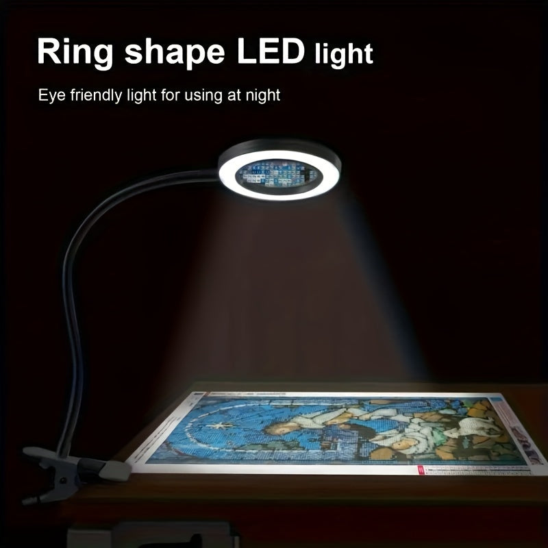 Study lamp with LED lights designed for eye protection, ideal for students learning to read or for use during manicures, facials, tattooing, eyebrow embroidery, and taking selfies. Includes a magnifying glass and can be clipped onto a desktop for