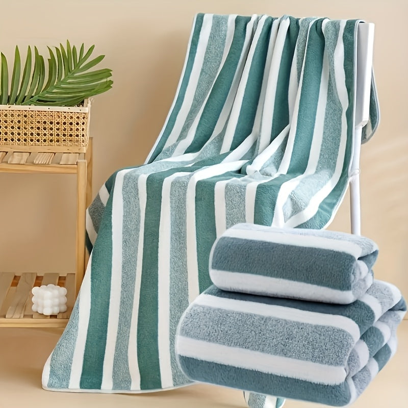 1 modern stripe pattern towel set - includes 1 bath towel and 1 hand towel, quick drying and absorbent, suitable for RV, bathroom, kitchen, and household use.