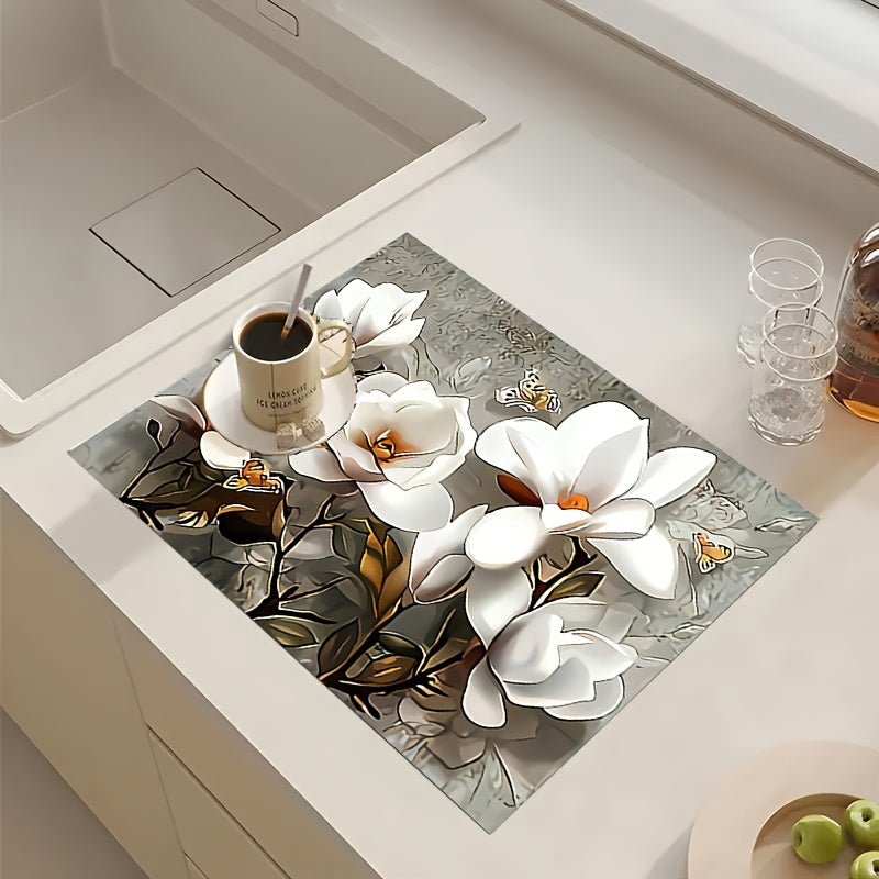 Magnolia Flower Print Polyester Mat - Quick-Dry Absorbent Countertop Protector for Washing Machine, Refrigerator, Kitchen, Coffee Machine, Laundry Room Dust Cover - 1 Piece