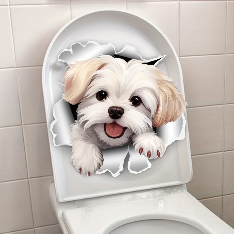 White dog toilet decal for easy stick and removal, ideal for home decor.