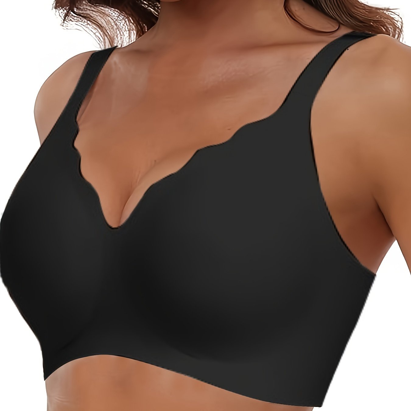 Seamless wireless push-up bra with deep V-neck and scalloped design for comfortable support