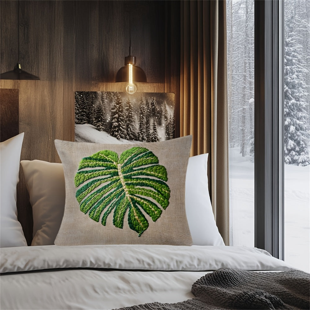 Monstera Leaf Pattern Pillow Cover - 1 Piece, Made of 100% Polyester, Two-Sided Print, Square Shape, Easy to Machine Wash. This decorative cushion case is perfect for your home, office, living room, car, or sofa. Measures 45.72x45.72 cm and does not