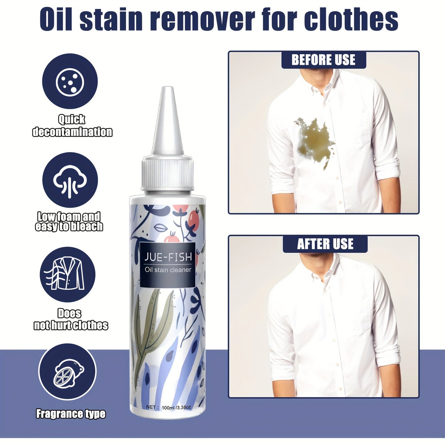 Powerful Clothes Oil Stain Remover with Citric Acid Formula - Low Odor Liquid Fabric Cleaner for Yellowed and Stained Apparel - 1 piece