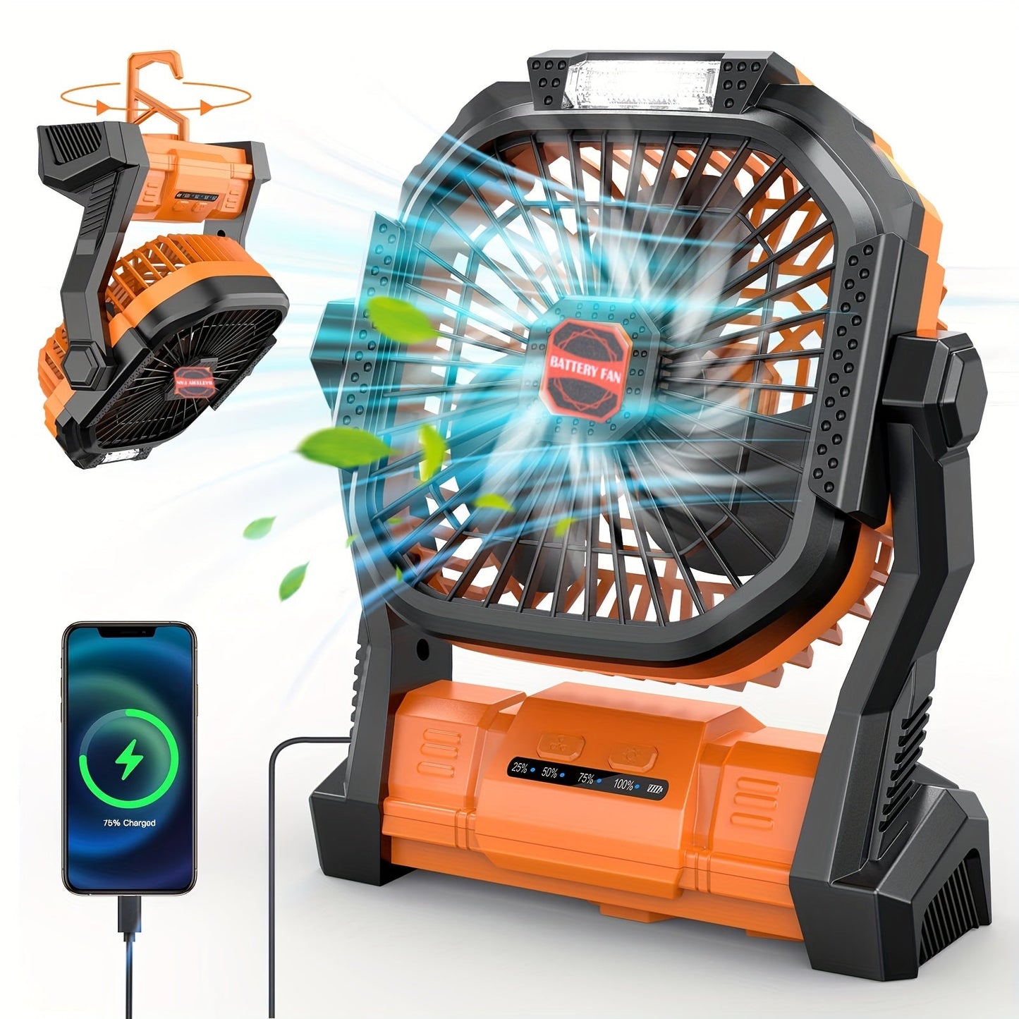 Portable personal fan with LED light and hook, high-speed table fan with 4 speeds, made of unfinished plastic with light kit, button control for indoor and outdoor use, USB rechargeable with built-in lithium battery.