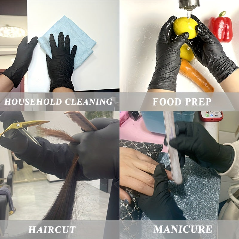 50 pieces of multi-colored disposable nitrile gloves for various household tasks including kitchen work, pet bathing, hair dyeing, manicures, and food preparation. These gloves are essential for cleaning supplies, small tools, and disposable apparel.