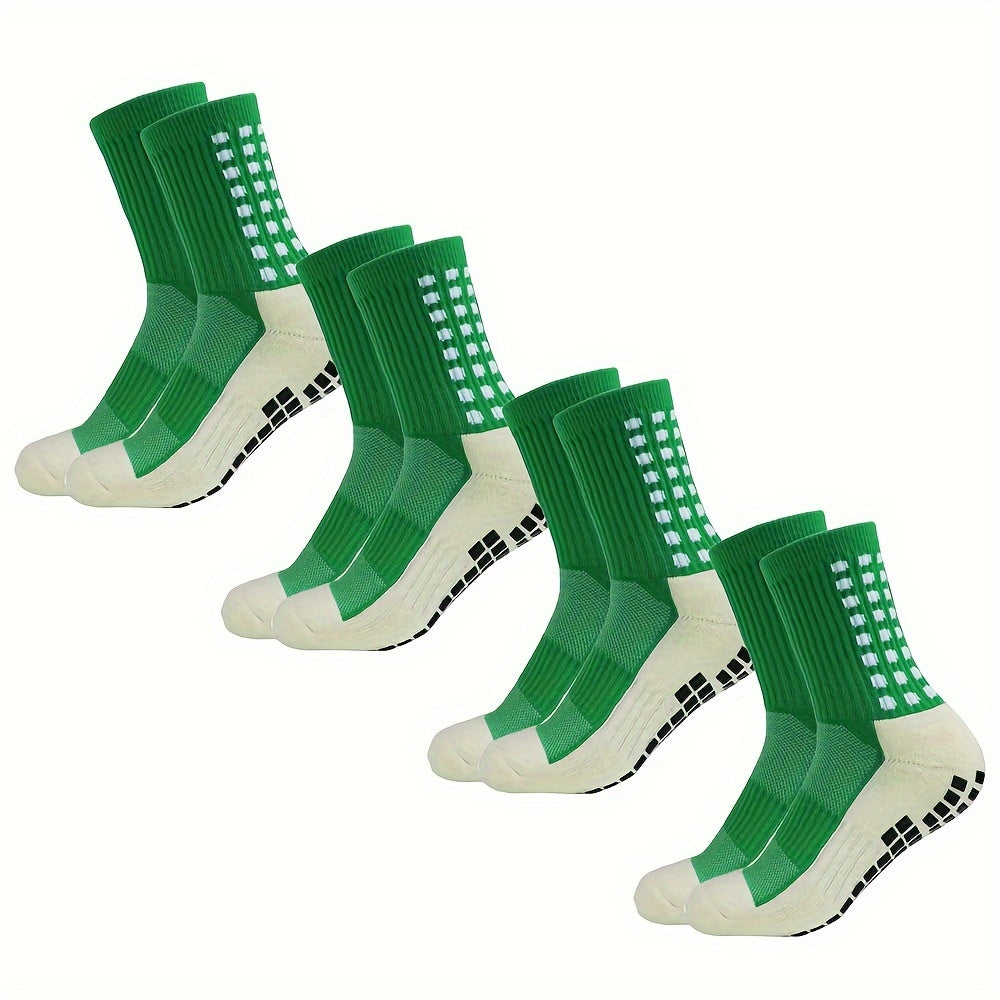 4 pairs of men's football socks made of knit polyester with terry bottom. Features include anti-smell, anti-slip, and wear-resistant properties. Machine washable and composed of 20% Spandex