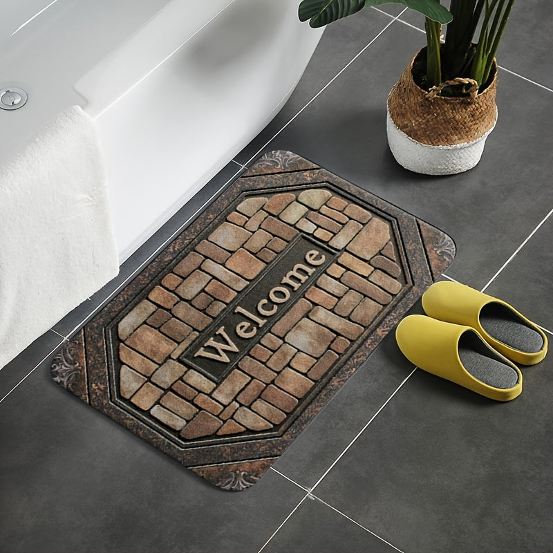 Polyester Welcome Doormat with Non-Slip Rubber Backing - Rectangle Entrance Carpet with Painted Brick Design (Pebble Pattern) - Machine Washable for Indoor and Outdoor Use