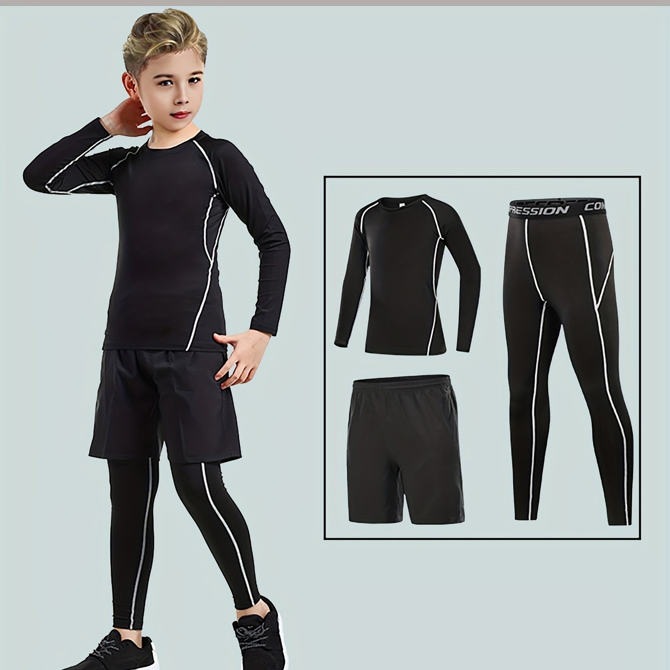 Boys' 3-piece athletic set with top, leggings, and shorts.