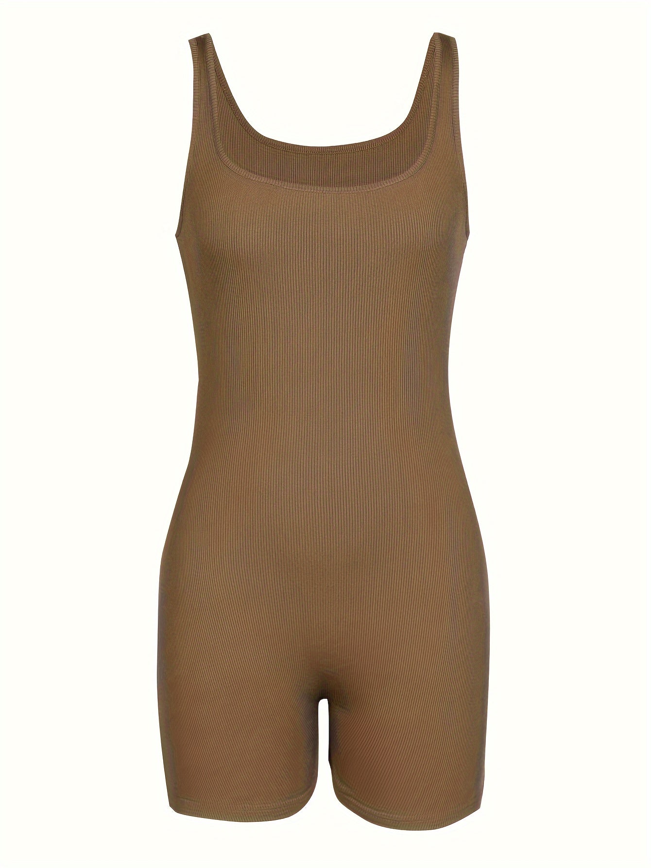 3 sporty solid ribbed lounge rompers: square neck slim fit tank romper for women's loungewear.