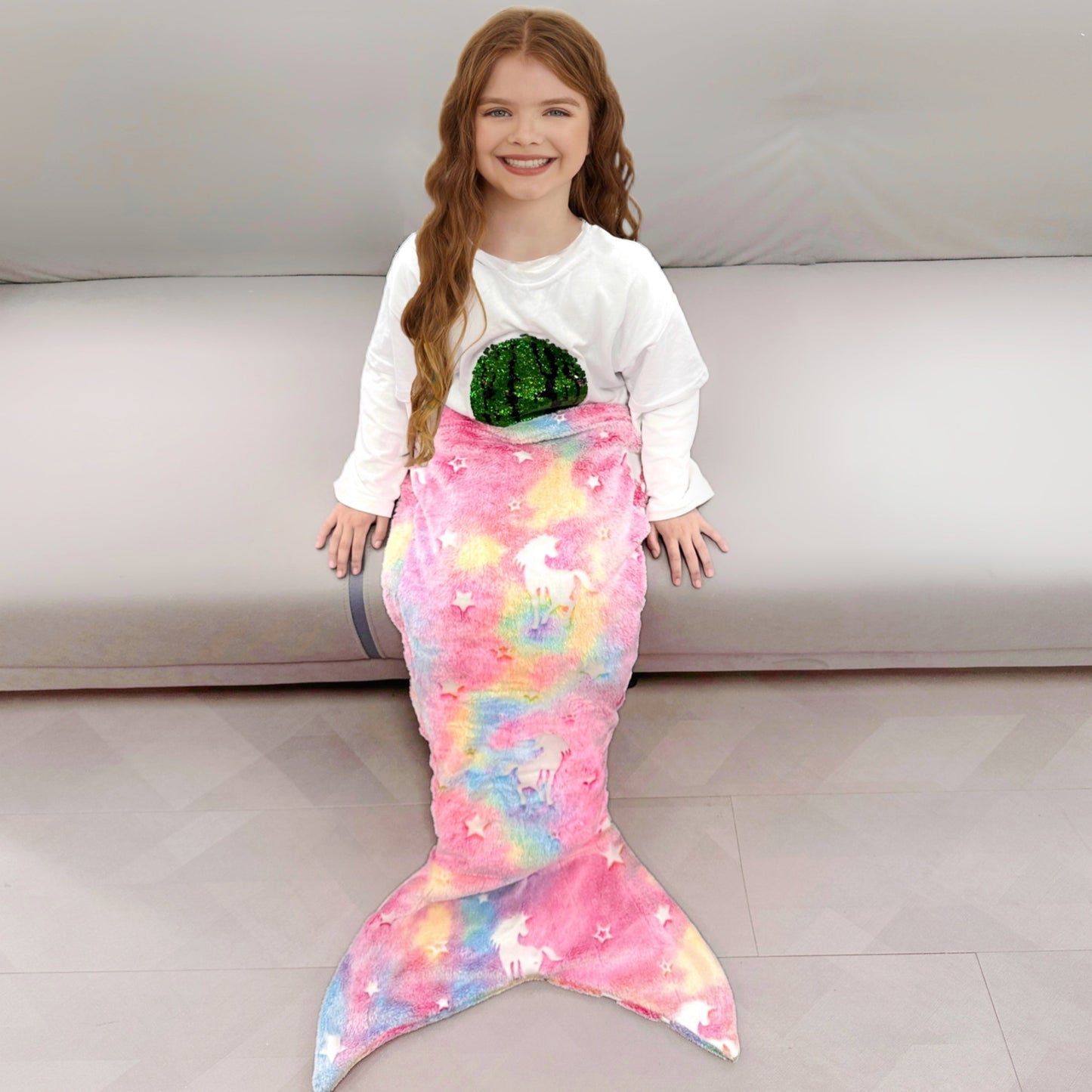 Soft flannel wearable plush mermaid tail blanket that glows in the dark, suitable for girls, teens, and adults. Ideal for all seasons, birthday gifts, nursery decor, unicorn sleeping bag, and kindergarten decor.