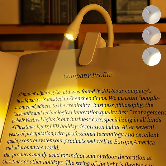 LED Clip-On Book Light with 3 Color Temperatures - USB Rechargeable, Portable Reading Lamp for Bedtime, Travel, Desk, Indoor & Outdoor Use