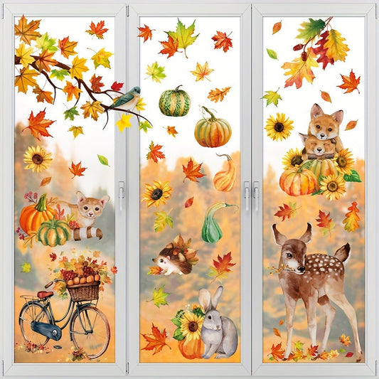 68 large fall decorations including cute animals, pumpkins, and maple leaves in a set of 9 Autumn Harvest window clings. Easy to apply and remove, making them perfect for decorating Thanksgiving home and party display windows.