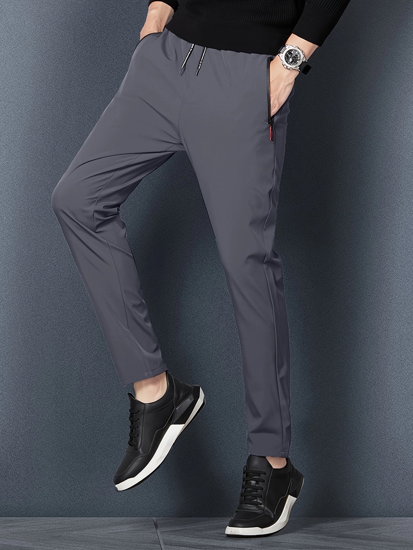 Men's classy casual straight leg pants made of polyester non-stretch fabric with zipper details. Regular fit, weighing 110g/㎡, suitable for golf and ideal for spring/summer, available in