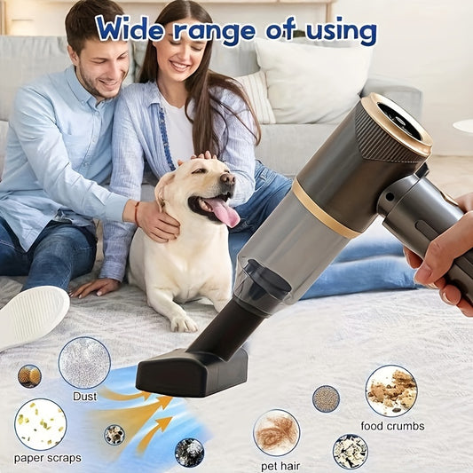 Handheld vacuum cleaner with USB charging, strong suction, 0-200W power, 0.2-0.3L dust cup, 1500mAh battery, quiet operation, ABS resin, and accessory kit for home and pet hair cleaning.