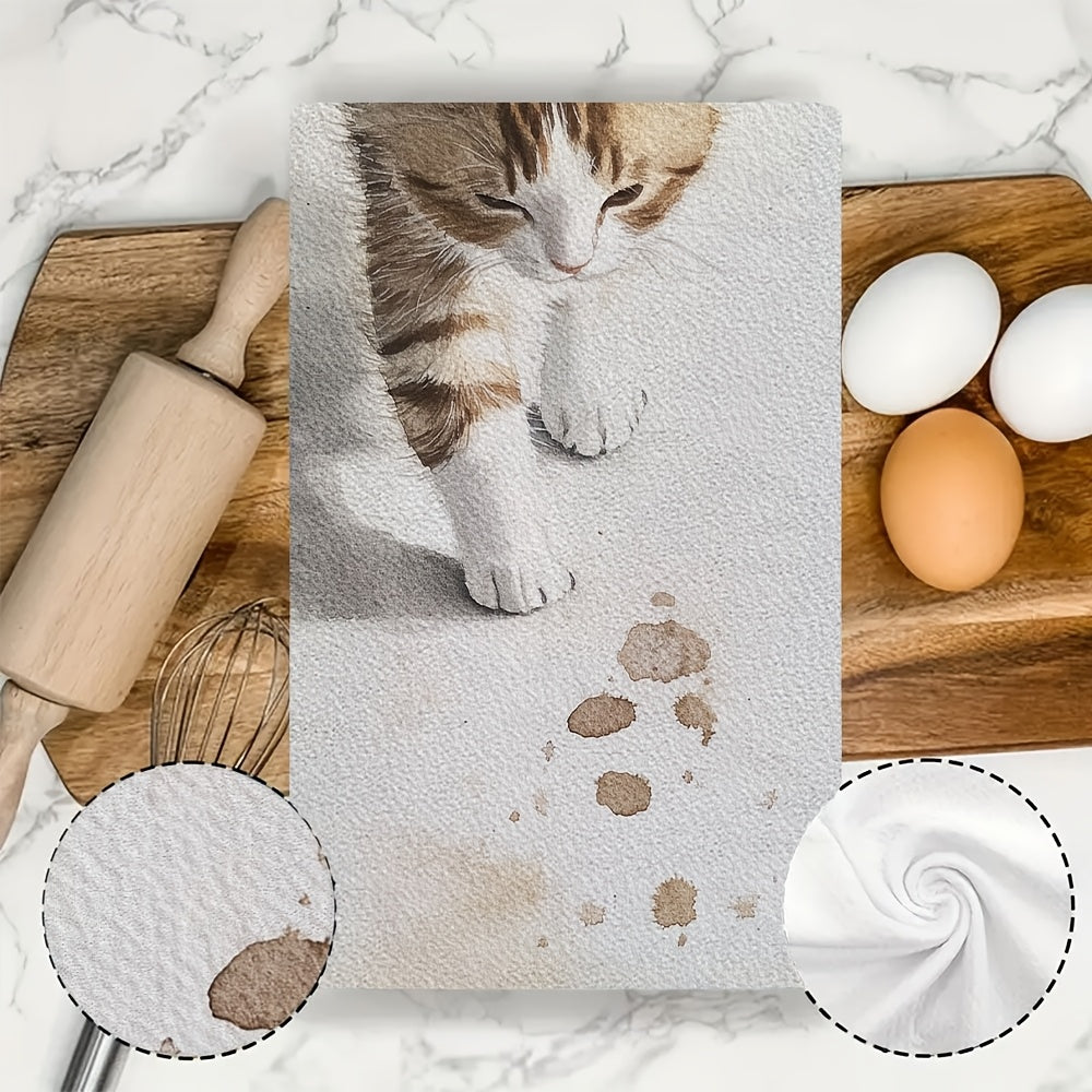 2 pieces of ultra soft kitchen towels, featuring the delicate steps of a kitten as it tiptoes. These highly absorbent dish hand towels are perfect for holiday decor. They are machine washable and measure 16x24 inches. Item number: 2KYSYS1218474