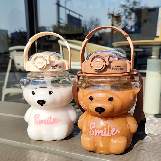 Cute Bear water bottle with straw, 1000ml capacity, leak-proof, made of PC material, hand wash only, PVC-free.