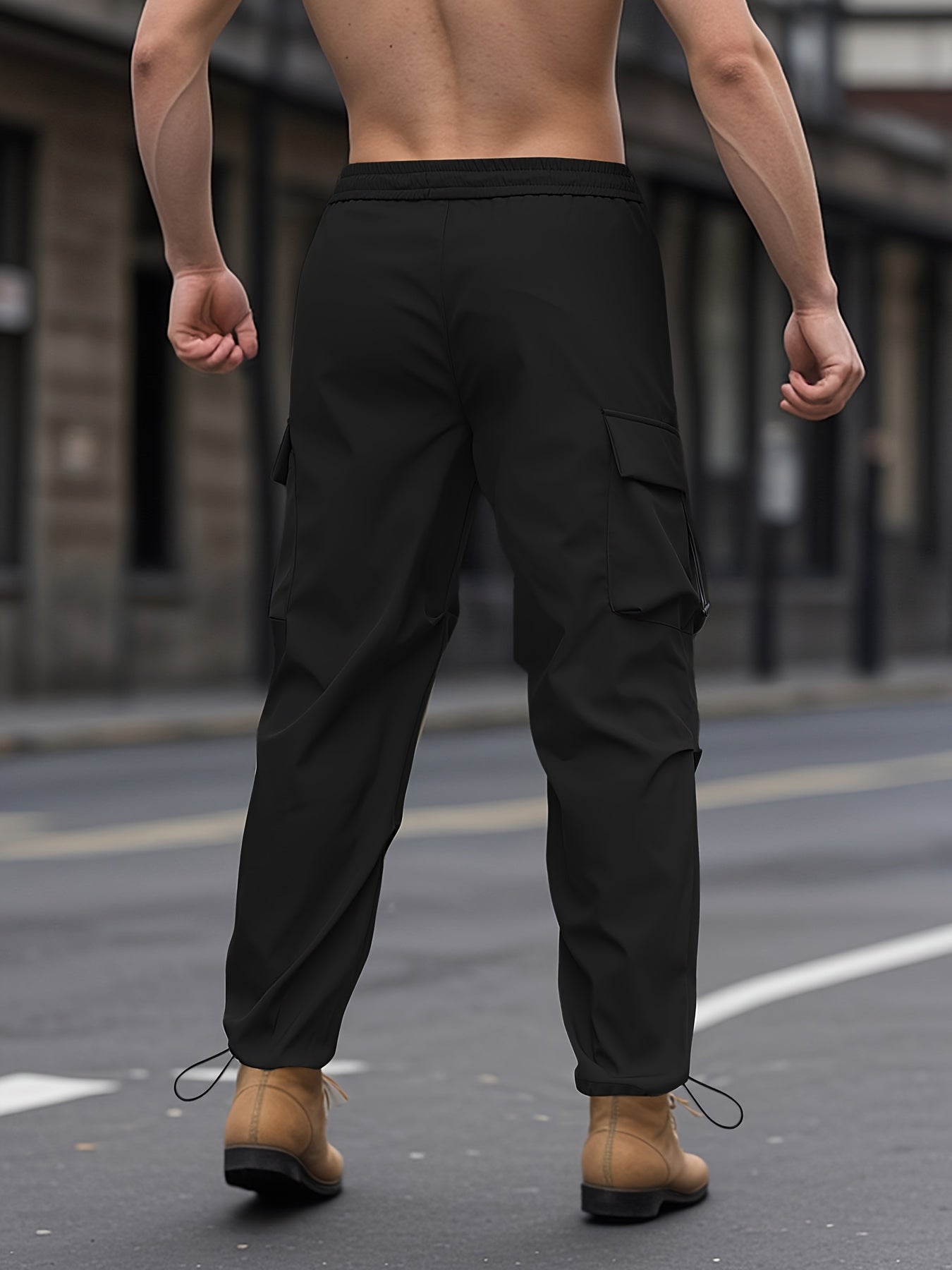 Unisex adult cargo pants with flap pockets, drawstring waist, and solid color.