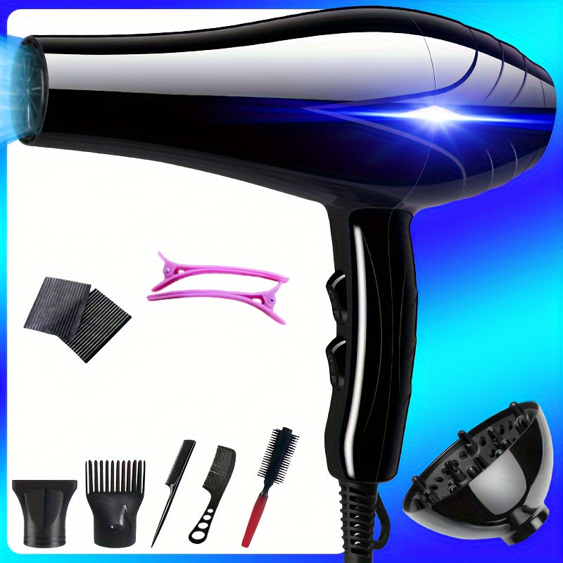 1200W hair dryer with concentrator nozzle in black & pink with non-folding handle, brush motor, 1.5-3m cable, and EU plug. Includes various styling attachments.