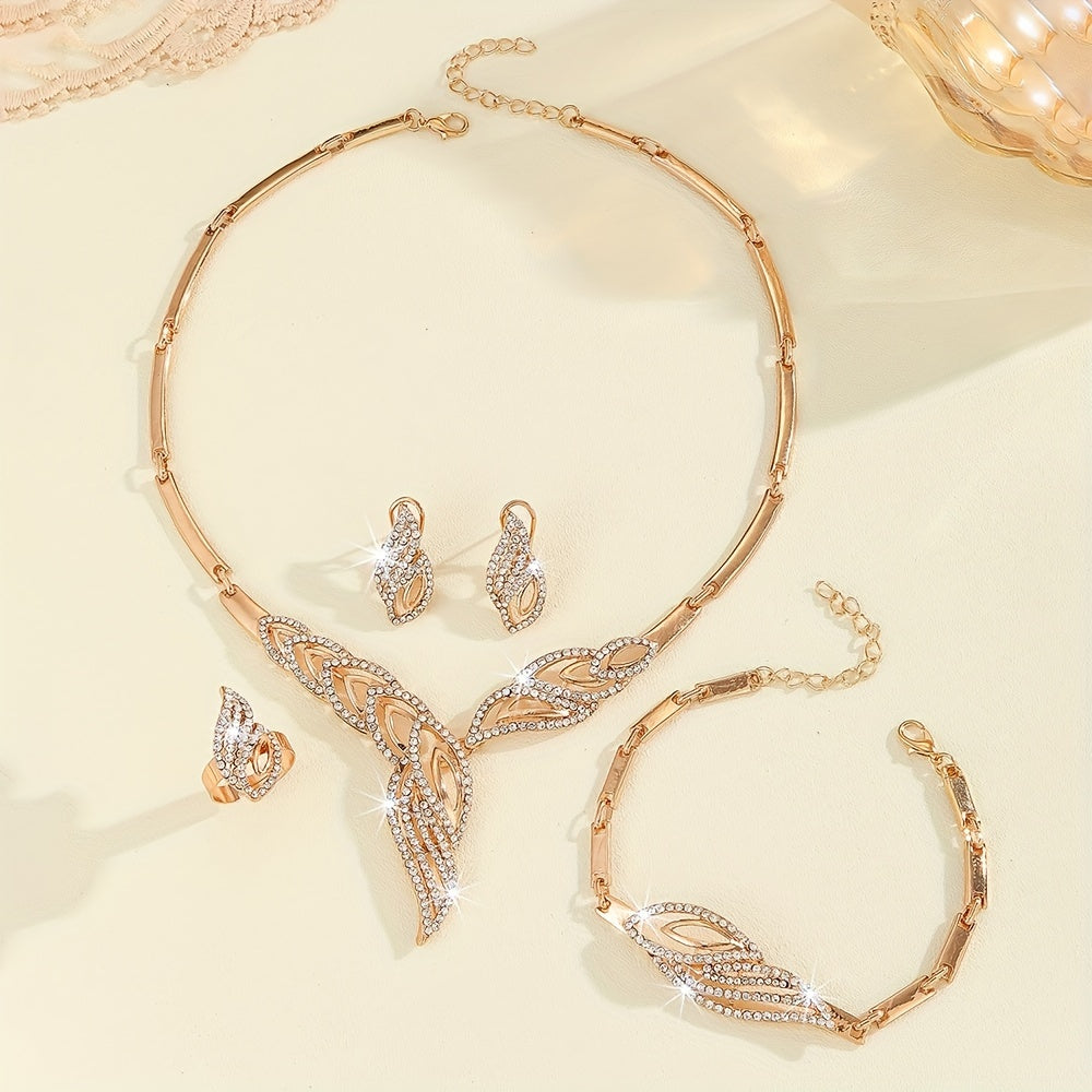 Beautiful and elegant jewelry set includes earrings, necklace, bracelet, and ring, all plated with 14k gold and adorned with sparkling rhinestones. Perfect for adding a touch of luxury to any party outfit.