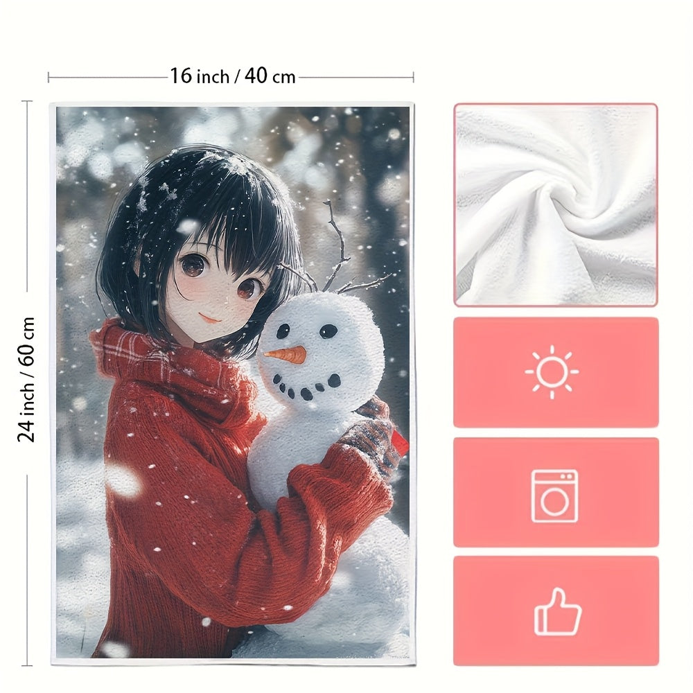 2 pieces of Kitchen Towels with ultra soft, highly absorbent material. Featuring a charming anime girl with short black hair and a red sweater making a snowman in the winter. Perfect for holiday decor, machine washable, and measures 16x24 inches. Item