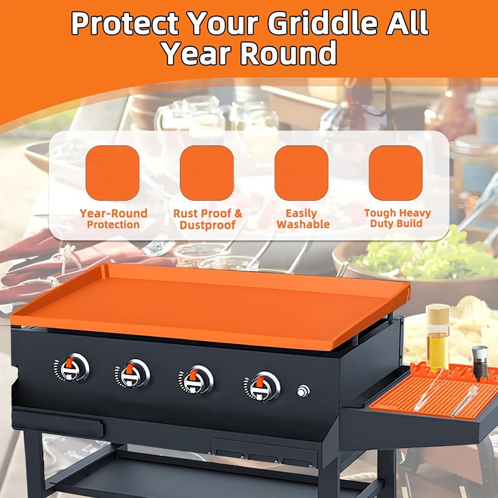 Durable silicone grill cover for Blackstone grills provides full surface protection, is easy to clean and dishwasher safe. Perfect for outdoor cooking and grill accessories.