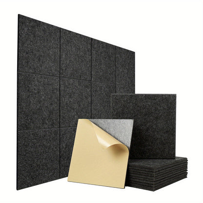 12 square self-adhesive acoustic panels measuring 12" x 12" x 0.4" with a high density, beveled edge polyester fiber construction for soundproofing in home offices and studios.