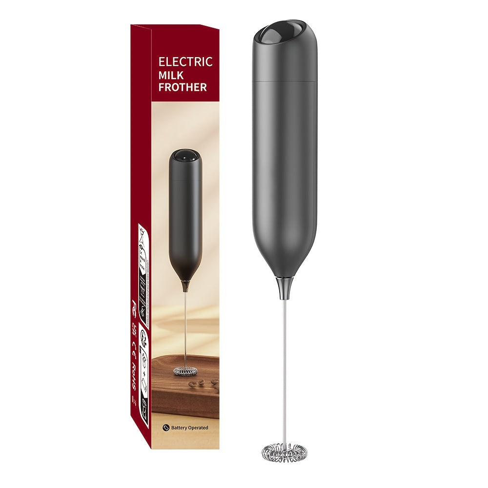 Battery operated portable milk frother for creating rich and creamy froth. Made with a lightweight plastic handle and 304 stainless steel whisk, this low decibel kitchen tool is perfect for DIY drinks, coffee lovers, camping, weddings, and Christmas