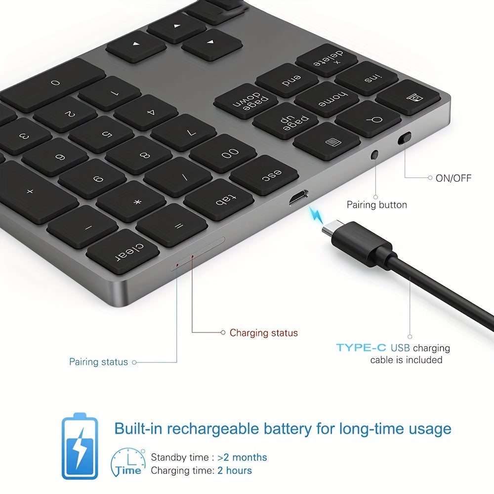 Portable rechargeable wireless digital keyboard with USB charging, 110mAh battery, Type-C charging. Compact design for laptops and mobile devices, black keys, durable keycap material.