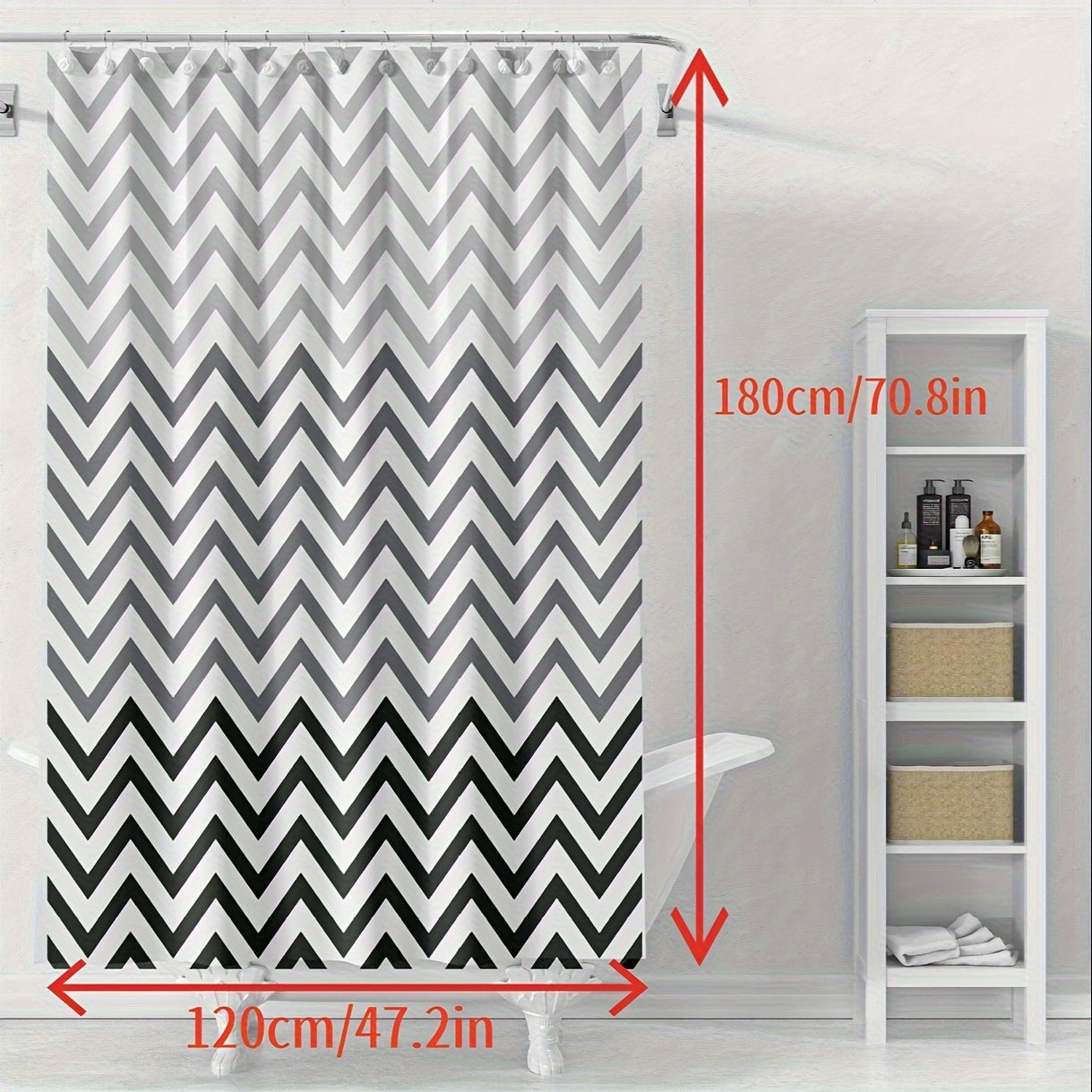 Chic black and white chevron shower curtain - waterproof, machine washable, includes hooks, ideal for any bathroom décor.