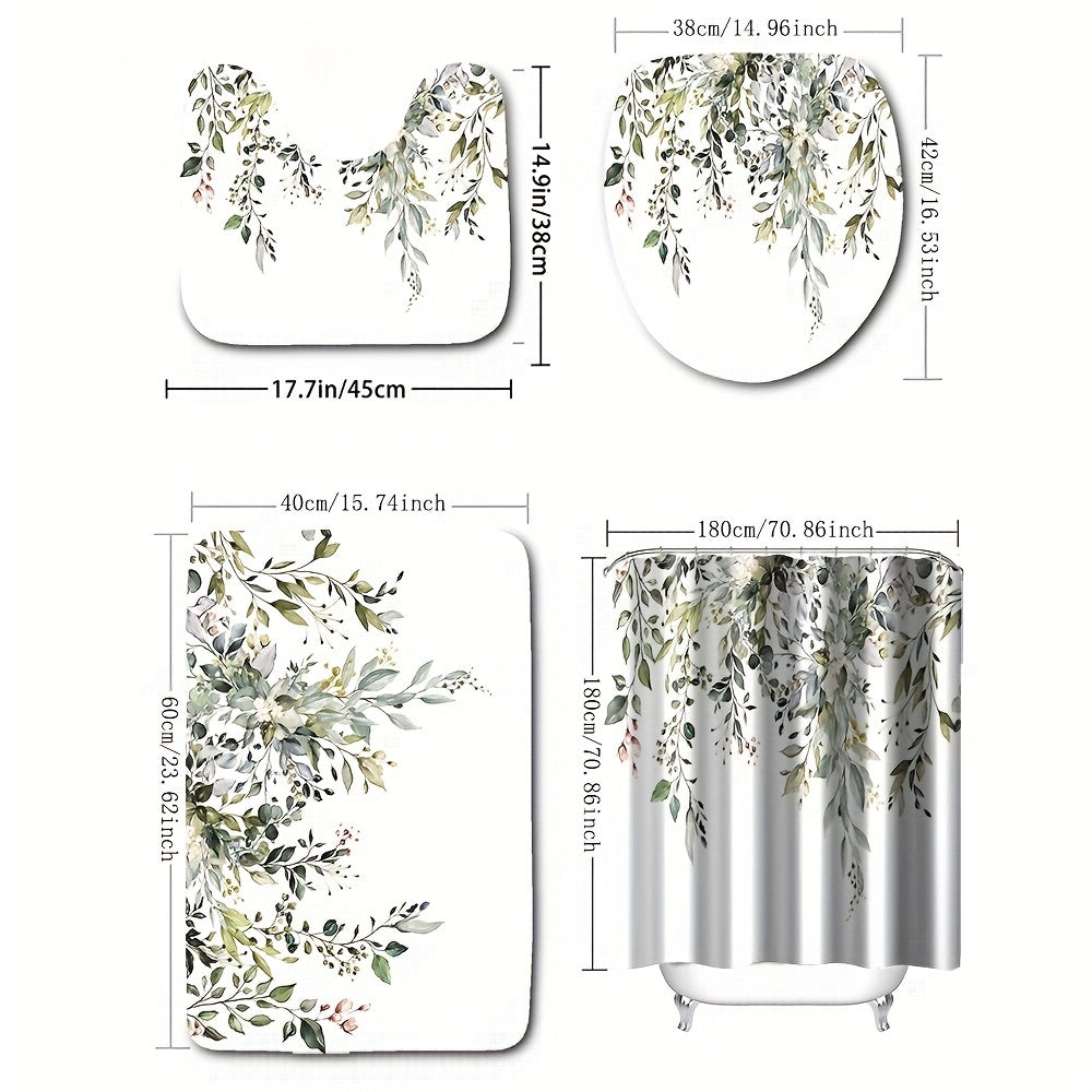 Green Eucalyptus Leaf Shower Curtain, 1 piece, measures 180x180cm, includes 12 plastic hooks for easy installation. Enhance your bathroom decor with this fresh plant design.