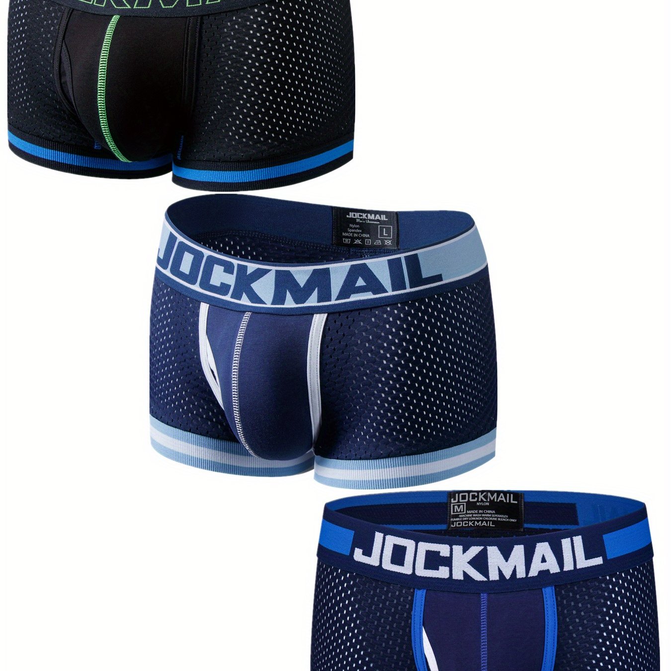 Set of 3 JOCKMAIL Men's Boxer Briefs in Black, White, & Blue with low waist, breathable mesh, color block design, and elastic waistband & cuffs