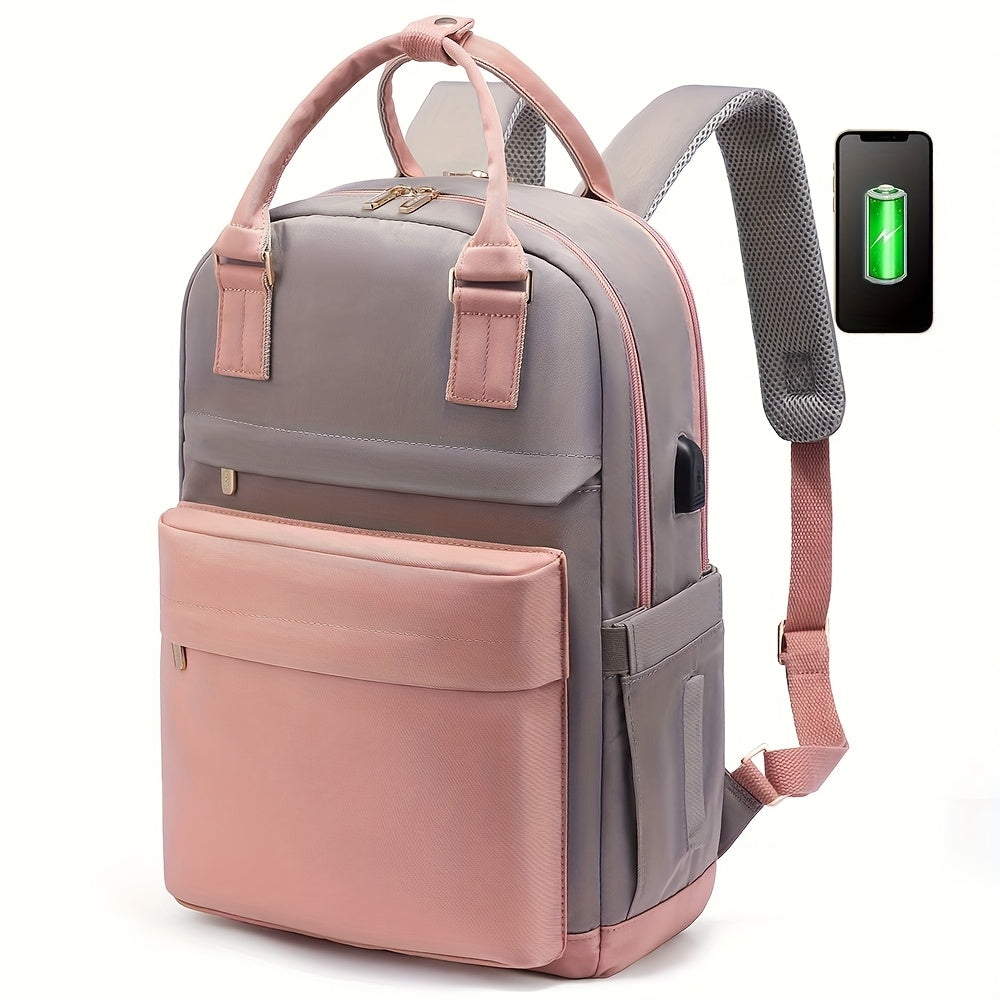 2024 Large Capacity Laptop Backpack in White Oxford Cloth with Zip Closure, Hand Wash Only. Ideal for Business Travel with Side Pockets and Pen Slot.