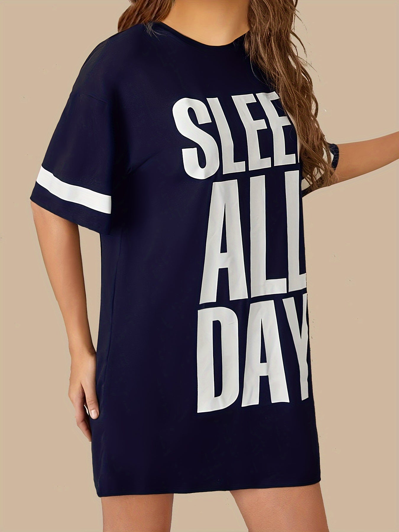 Women's "SLEEP ALL DAY" Black Nightgown - Casual, Breathable Polyester, Round Neck, Short Sleeve, Striped Detail, Machine Washable.