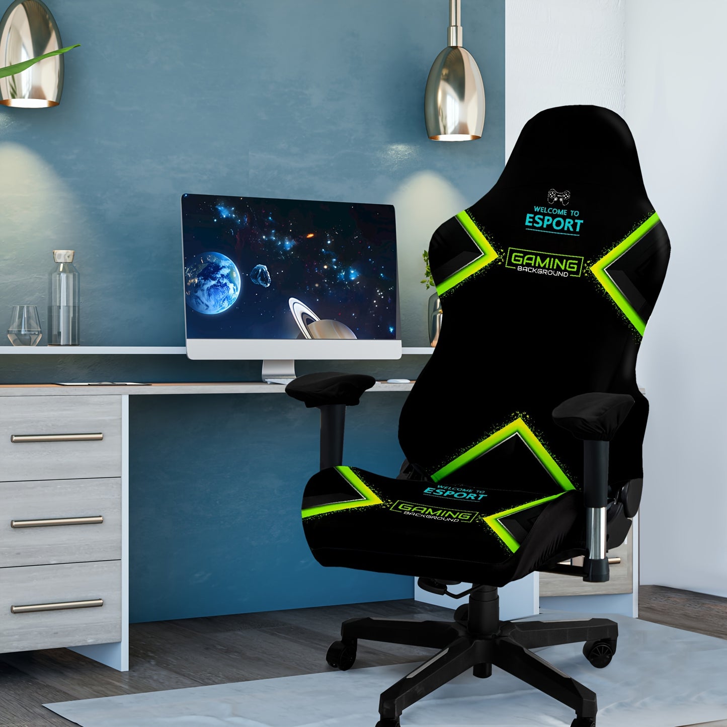 Stretchable and washable gaming chair cover with eclectic skull design, made of premium milk fiber fabric. The one-piece slipcover boasts high elasticity and easy fit, featuring a digital