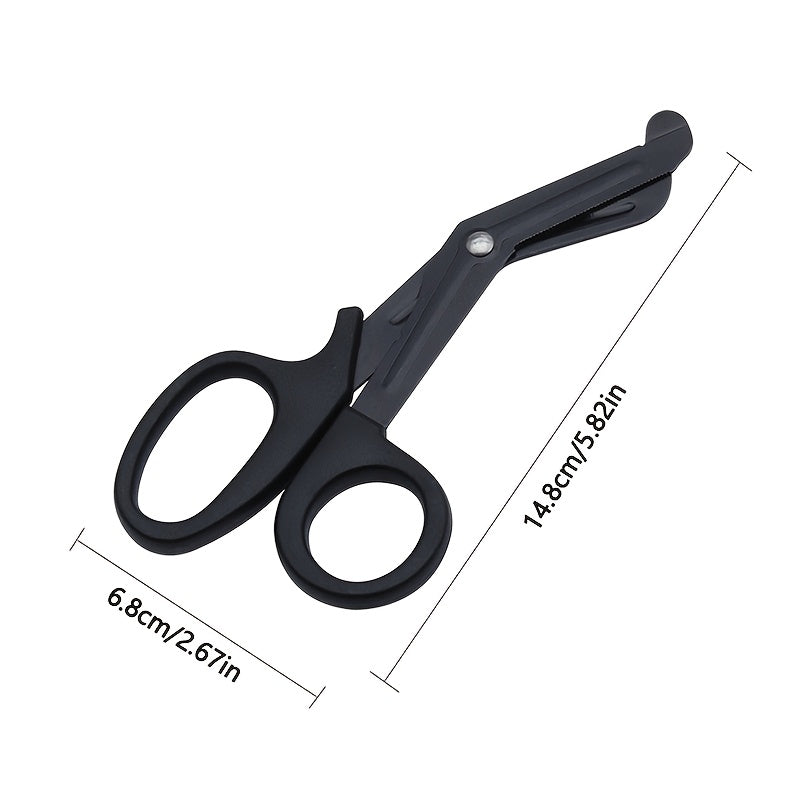 Stainless steel safety scissors with black coating, sharp for various outdoor uses, hand-friendly.