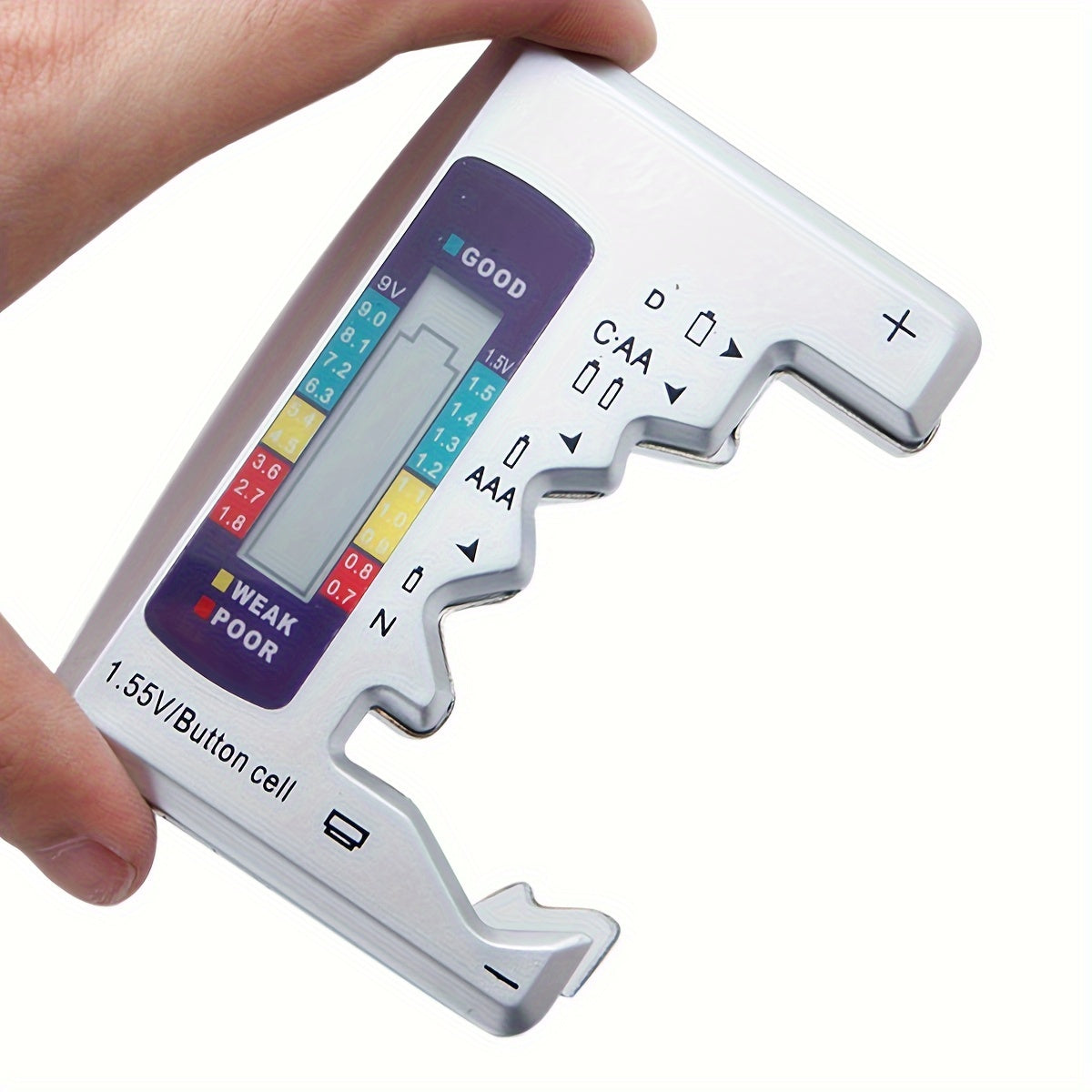 Digital battery tester for various battery types with LCD display for quick and easy checking.