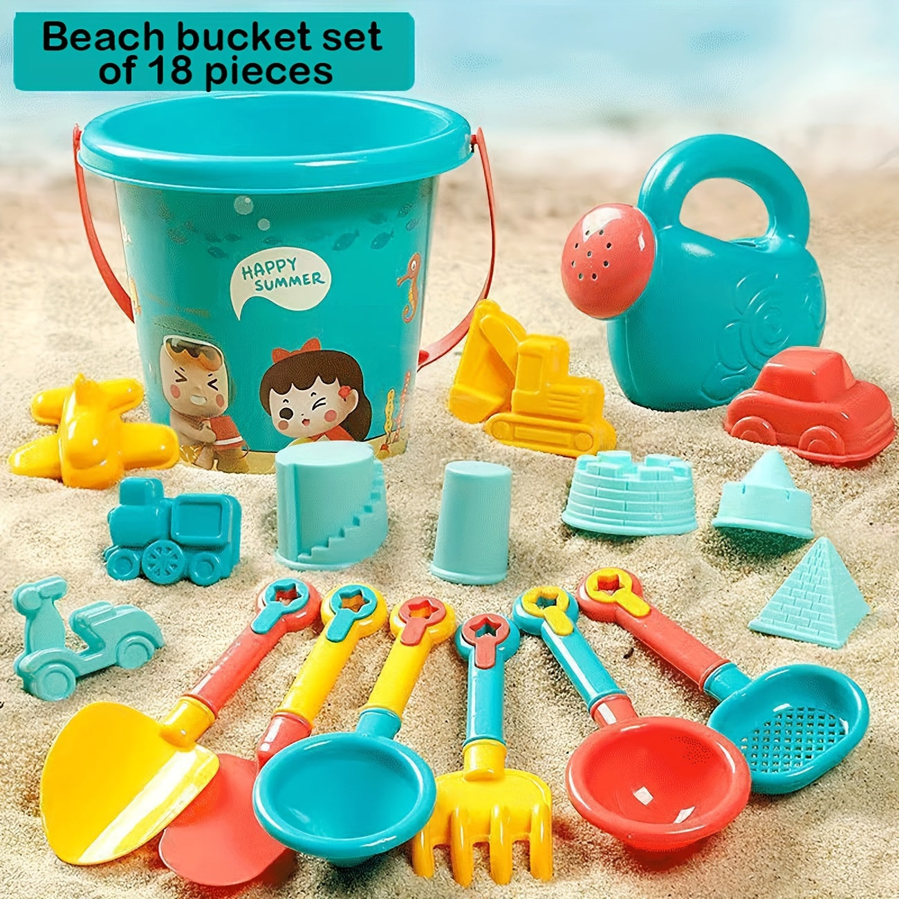 Beach toy set for kids with sand timer, big shovel, bucket, and other tools for playing in the water and sand. Great for babies and children.