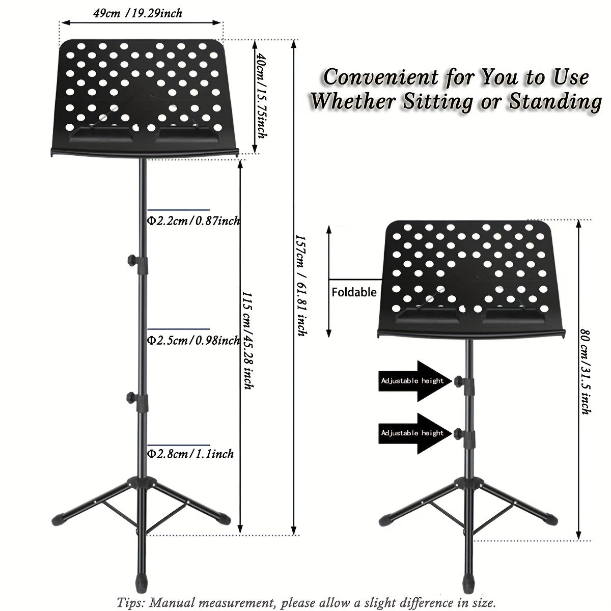 Foldable music stand with adjustable height and carrying bag. Durable alloy construction, ABS panel. Suitable for various instruments. Black color.