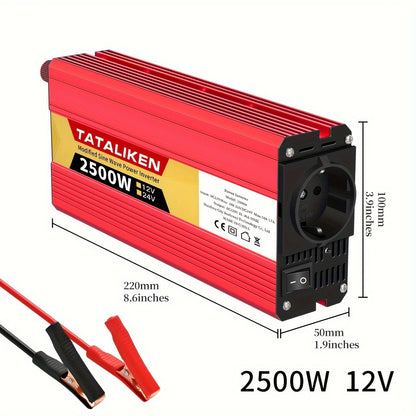 High-power 12V to 220V car inverter with 2500W-600W capacity, ideal for charging phones and tablets.