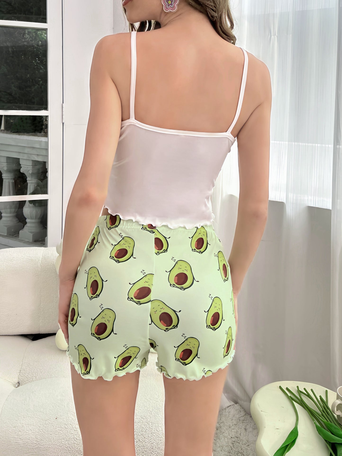 Cute avocado print pajama set with cami top and lettuce trim shorts for women's sleepwear