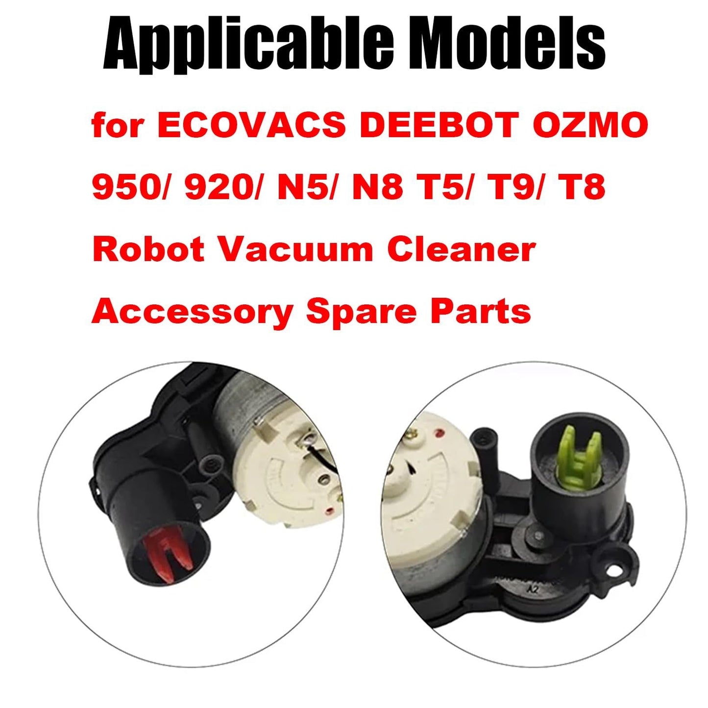 One pack of compatible motor gears for DEEBOT OZMO 950/920/N5/N8 T5/T9/T8 includes a plastic side brush motor gear, requiring no electricity. The pack includes 1 red gear and 1 green gear, suitable for use as a robot vacuum cleaner accessory.