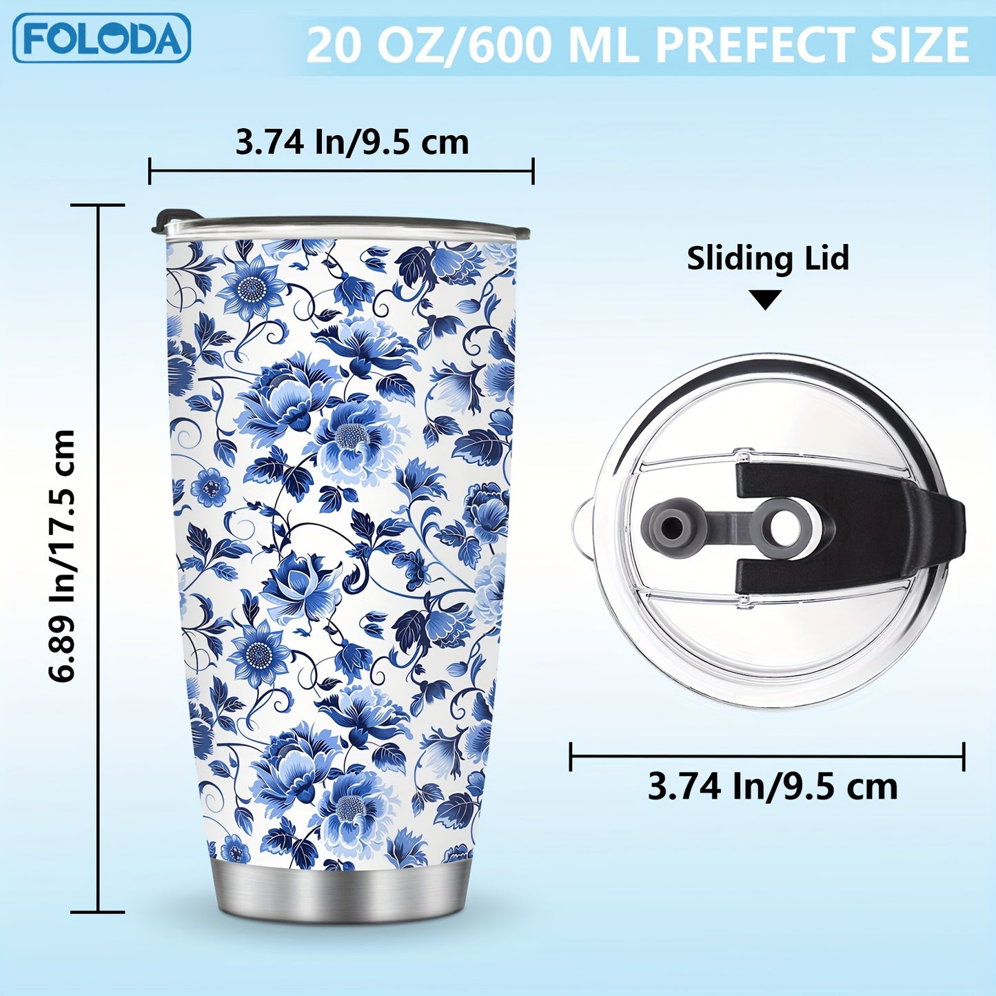 Foloda 20oz Ko'k Gullar Stainless Steel Tumbler - Qopqoq va Qalam bilan Ikki Qavatli Bo'shliq Izolyatsiyalangan Sayohat Kofe, Ayollar uchun Ideal Sovg'a - Faqat Qo'lda Yuvish